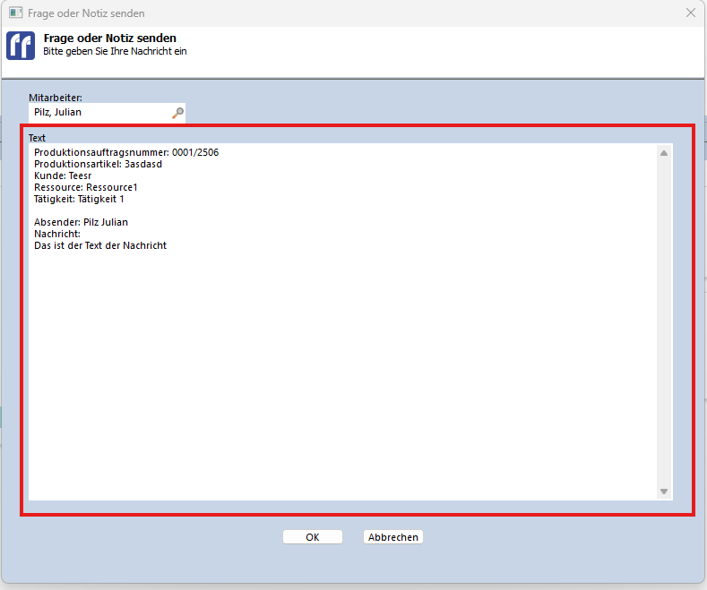 Frage oder Notiz senden Nachricht