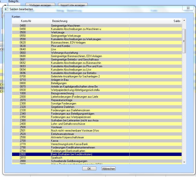 Buchhaltung Saldenliste übernehmen_Eröffnungsbilanzkonto an Bank