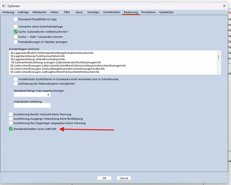 Standardverhalten Lesen statt Edit