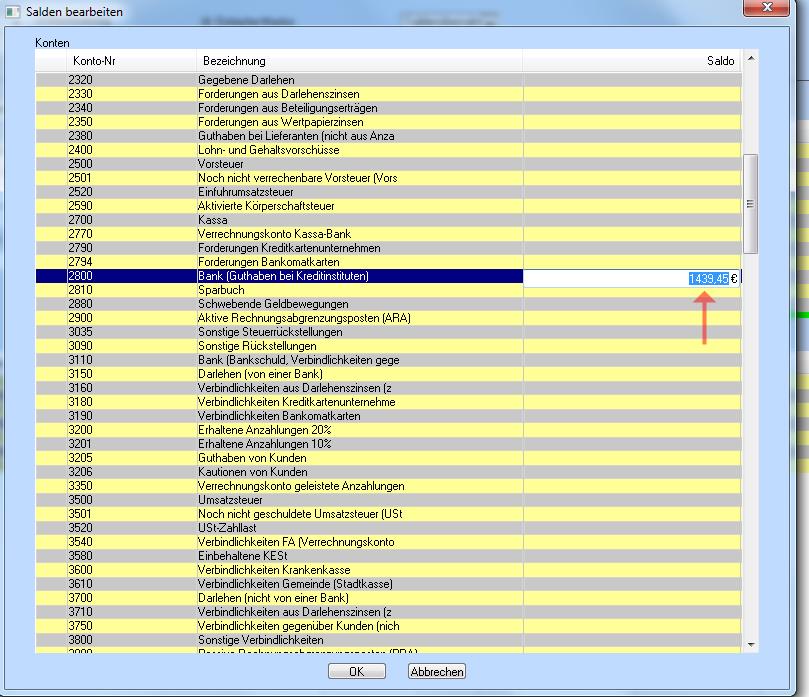 Buchhaltung Saldenliste übernehmen_Saldo eintragen