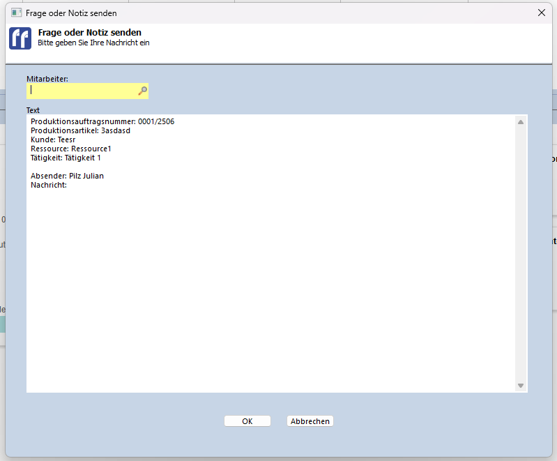 Frage oder Notiz senden main window